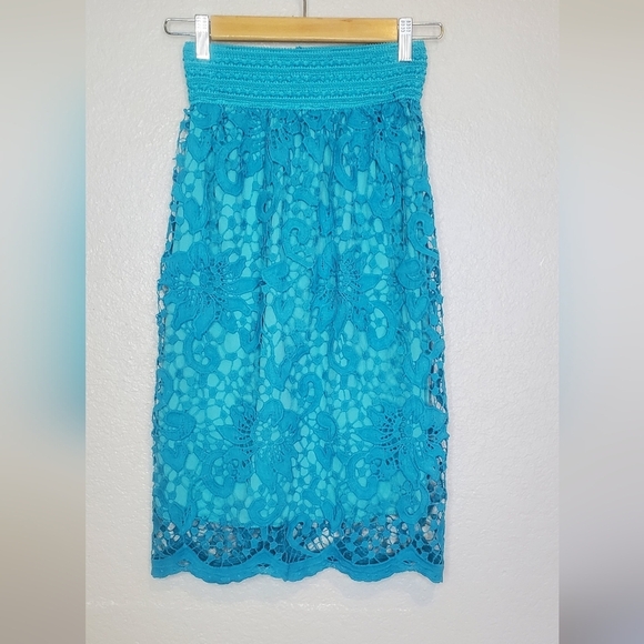 💚5/$25 NWT Turquoise Crochet Lace Overlay Midi Pencil Skirt Size Small | Medium - Picture 6 of 7